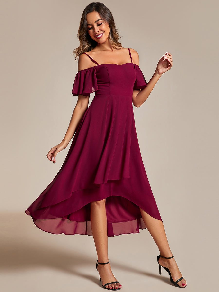 Color=Burgundy | Chiffon Spaghetti Strap Cold Shoulder Tea Length Wedding Guest Dress-Burgundy 4