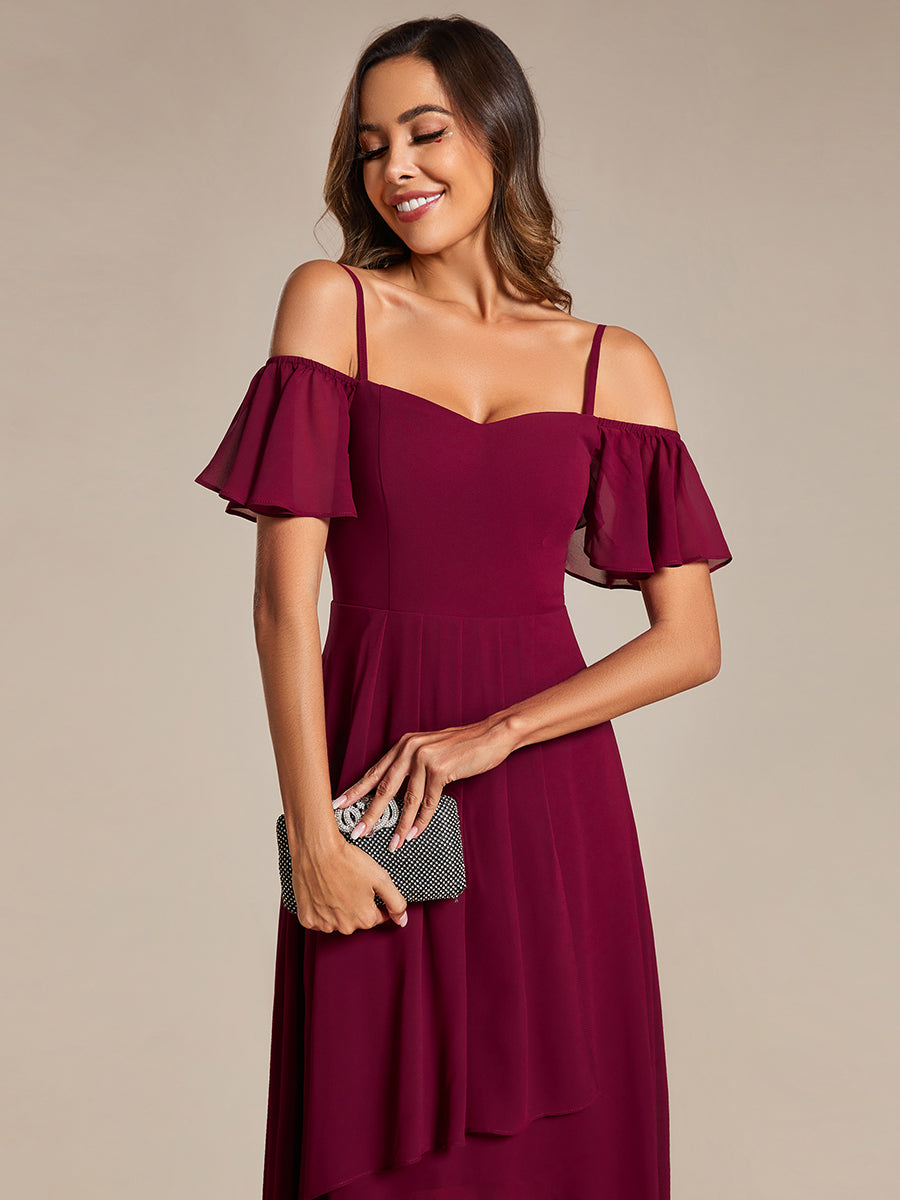 Color=Burgundy | Chiffon Spaghetti Strap Cold Shoulder Tea Length Wedding Guest Dress-Burgundy 2