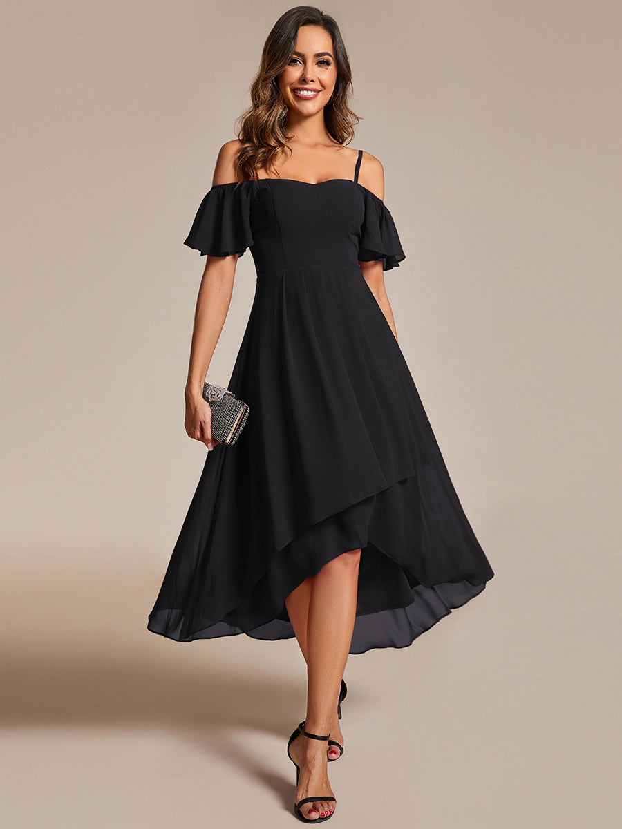 Color=Black | Chiffon Spaghetti Strap Cold Shoulder Tea Length Wedding Guest Dress-Black 17