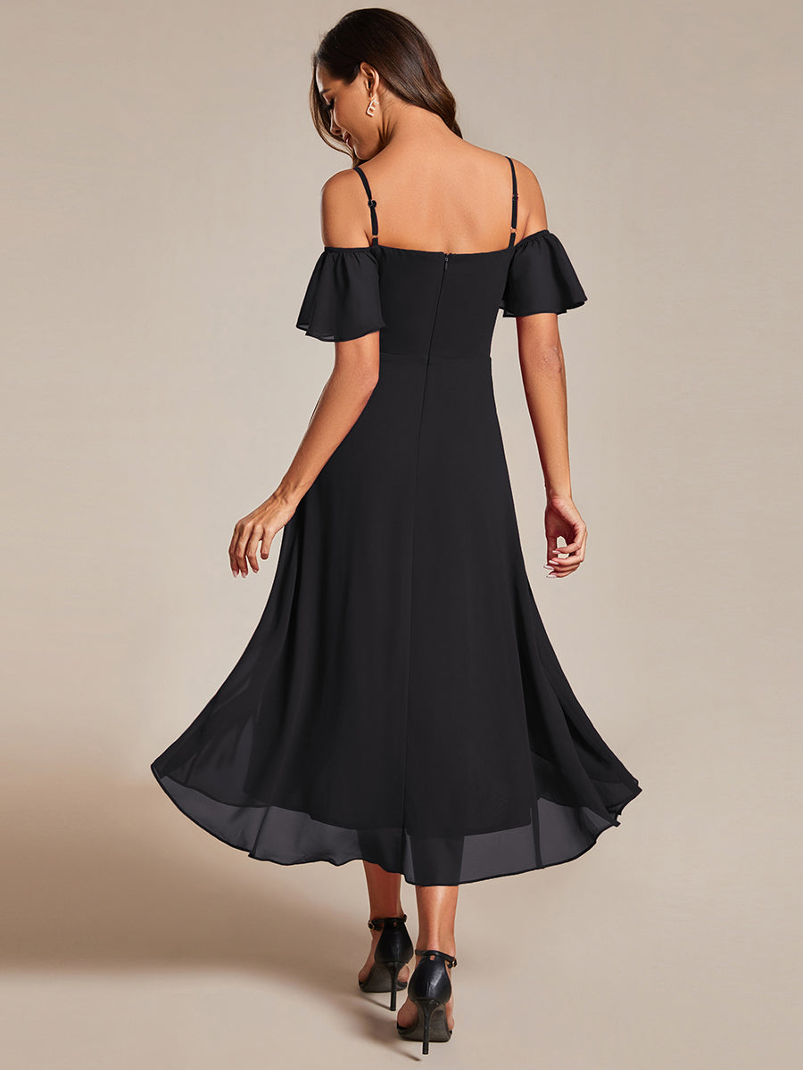 Color=Black | Chiffon Spaghetti Strap Cold Shoulder Tea Length Wedding Guest Dress-Black 16