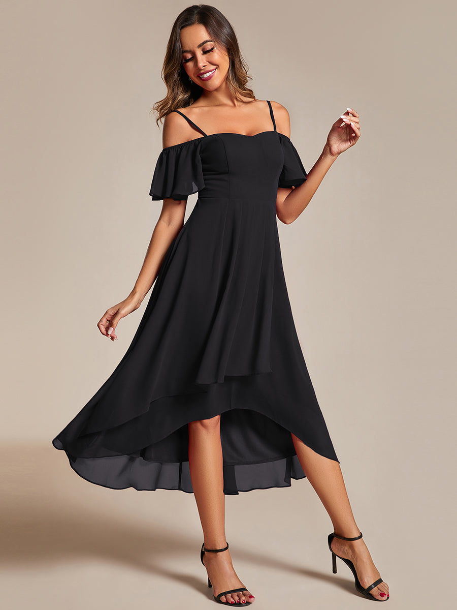Color=Black | Chiffon Spaghetti Strap Cold Shoulder Tea Length Wedding Guest Dress-Black 14