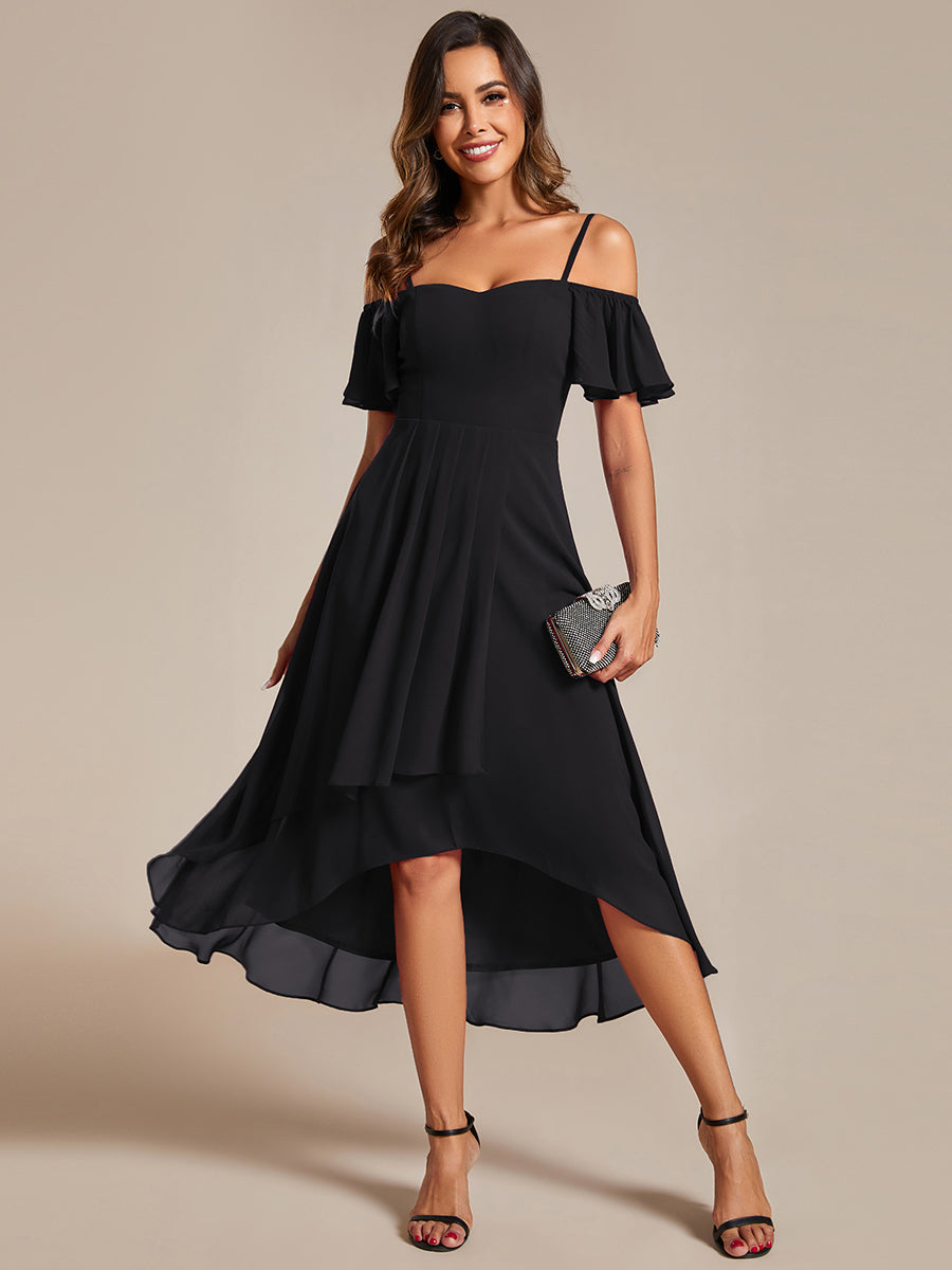 Color=Black | Chiffon Spaghetti Strap Cold Shoulder Tea Length Wedding Guest Dress-Black 13