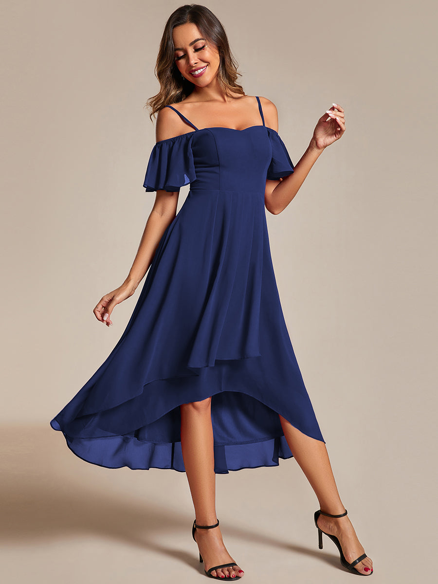 Color=Navy Blue | Chiffon Spaghetti Strap Cold Shoulder Tea Length Wedding Guest Dress-Navy Blue 