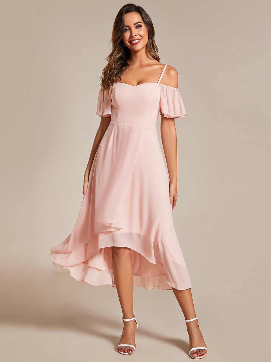Color=Pink | Chiffon Spaghetti Strap Cold Shoulder Tea Length Wedding Guest Dress-Pink 
