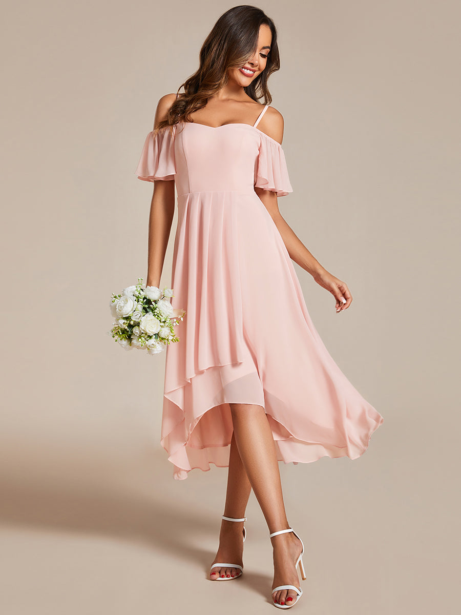 Color=Pink | Chiffon Spaghetti Strap Cold Shoulder Tea Length Wedding Guest Dress-Pink 