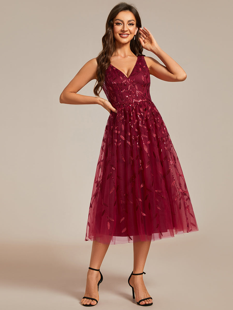 Color=Burgundy | V-Neck Sequin Midi Wedding Guest Dress With Sleeveless-Burgundy 6