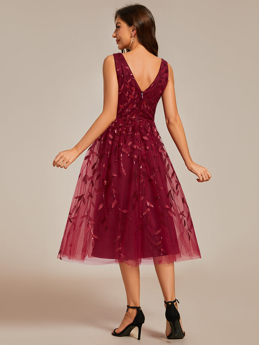 Color=Burgundy | V-Neck Sequin Midi Wedding Guest Dress With Sleeveless-Burgundy 6