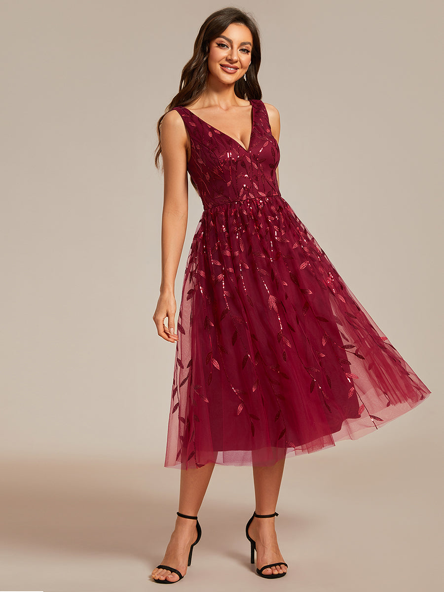 Color=Burgundy | V-Neck Sequin Midi Wedding Guest Dress With Sleeveless-Burgundy 6