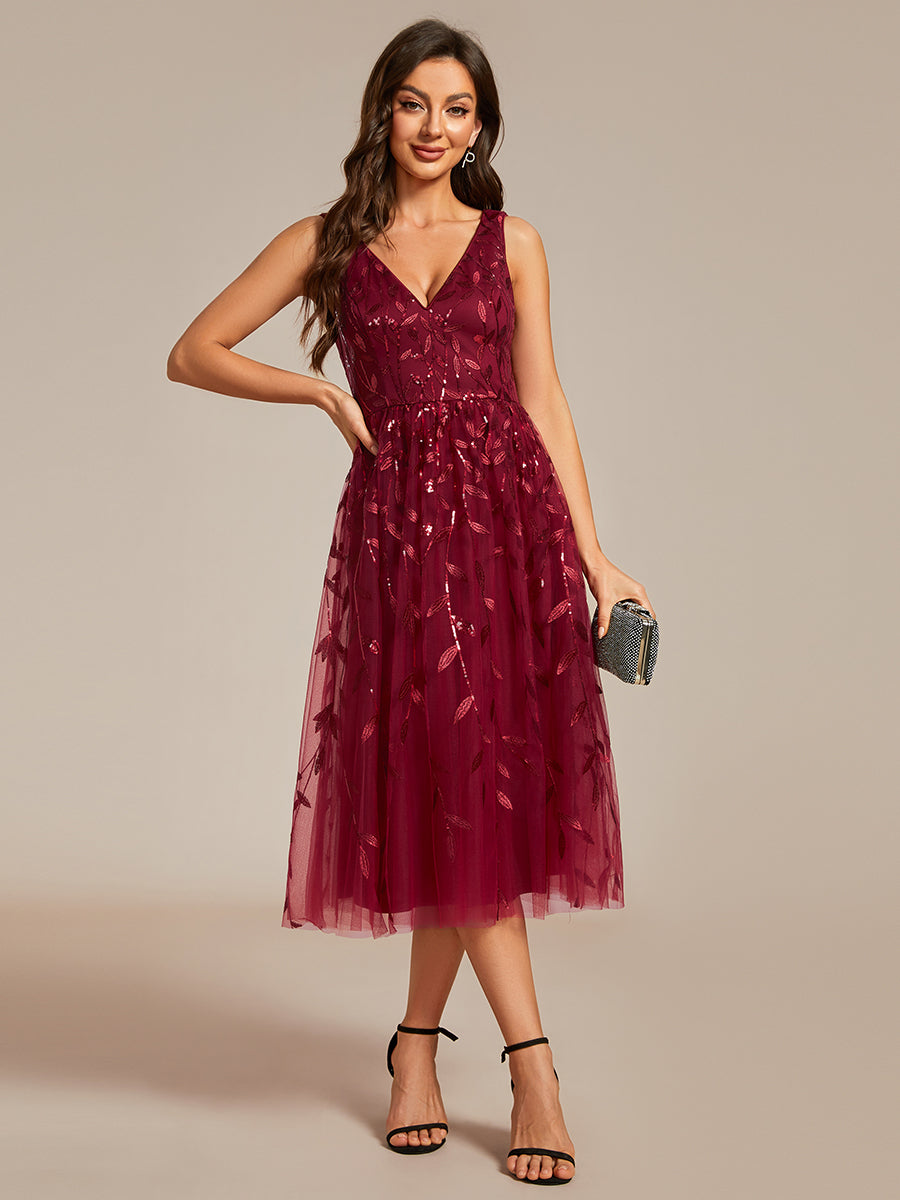 Color=Burgundy | V-Neck Sequin Midi Wedding Guest Dress With Sleeveless-Burgundy 6