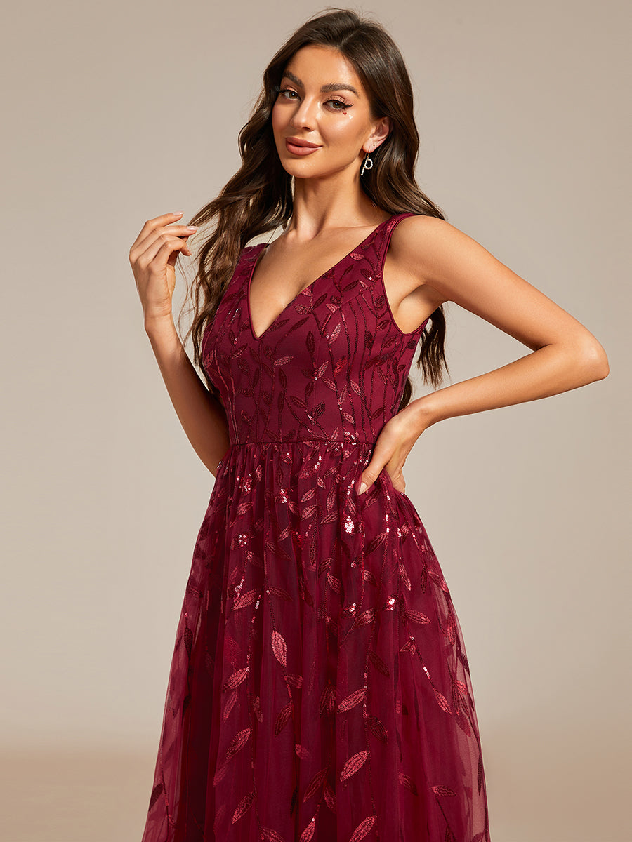 Color=Burgundy | V-Neck Sequin Midi Wedding Guest Dress With Sleeveless-Burgundy 6