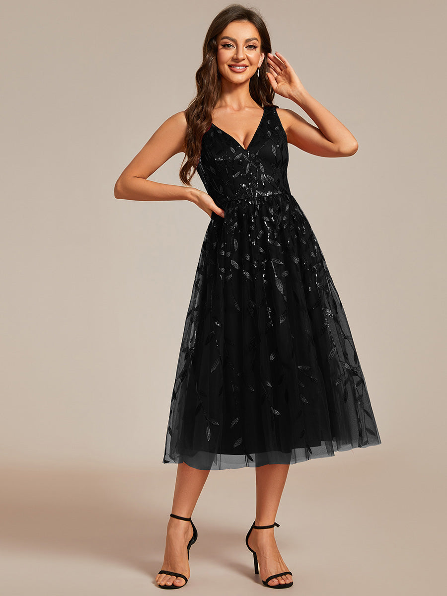 Color=Black | V-Neck Sequin Midi Wedding Guest Dress With Sleeveless-Black 12
