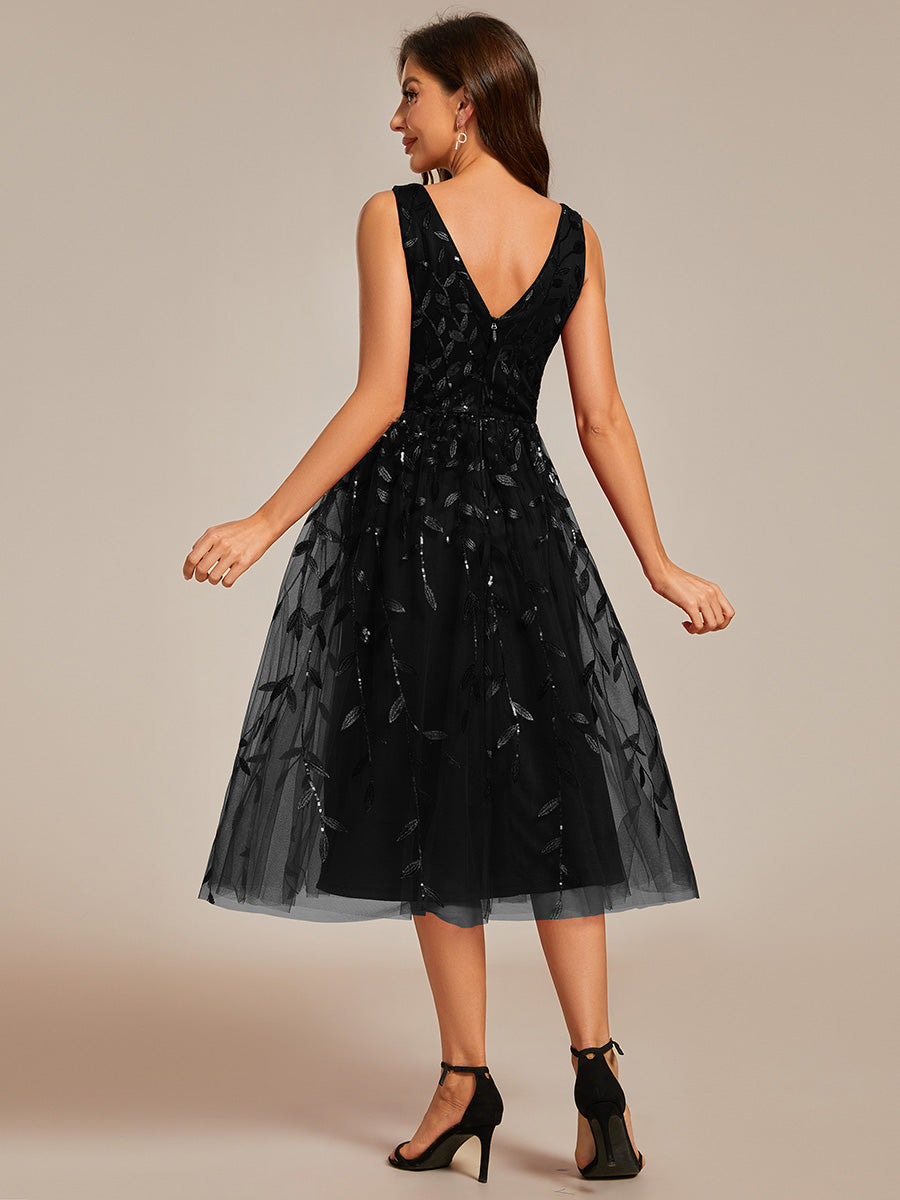 Color=Black | V-Neck Sequin Midi Wedding Guest Dress With Sleeveless-Black 11