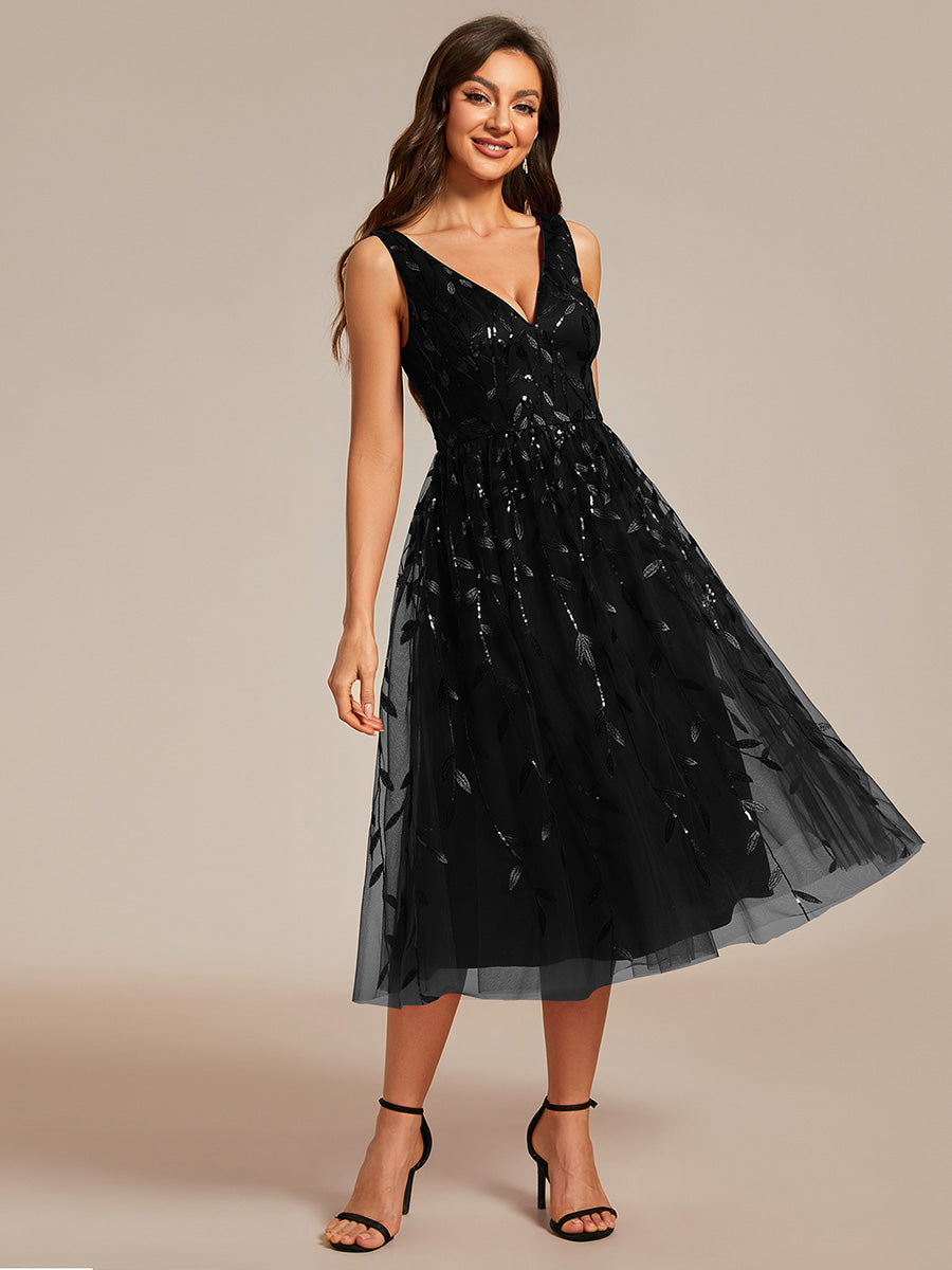 Color=Black | V-Neck Sequin Midi Wedding Guest Dress With Sleeveless-Black 10