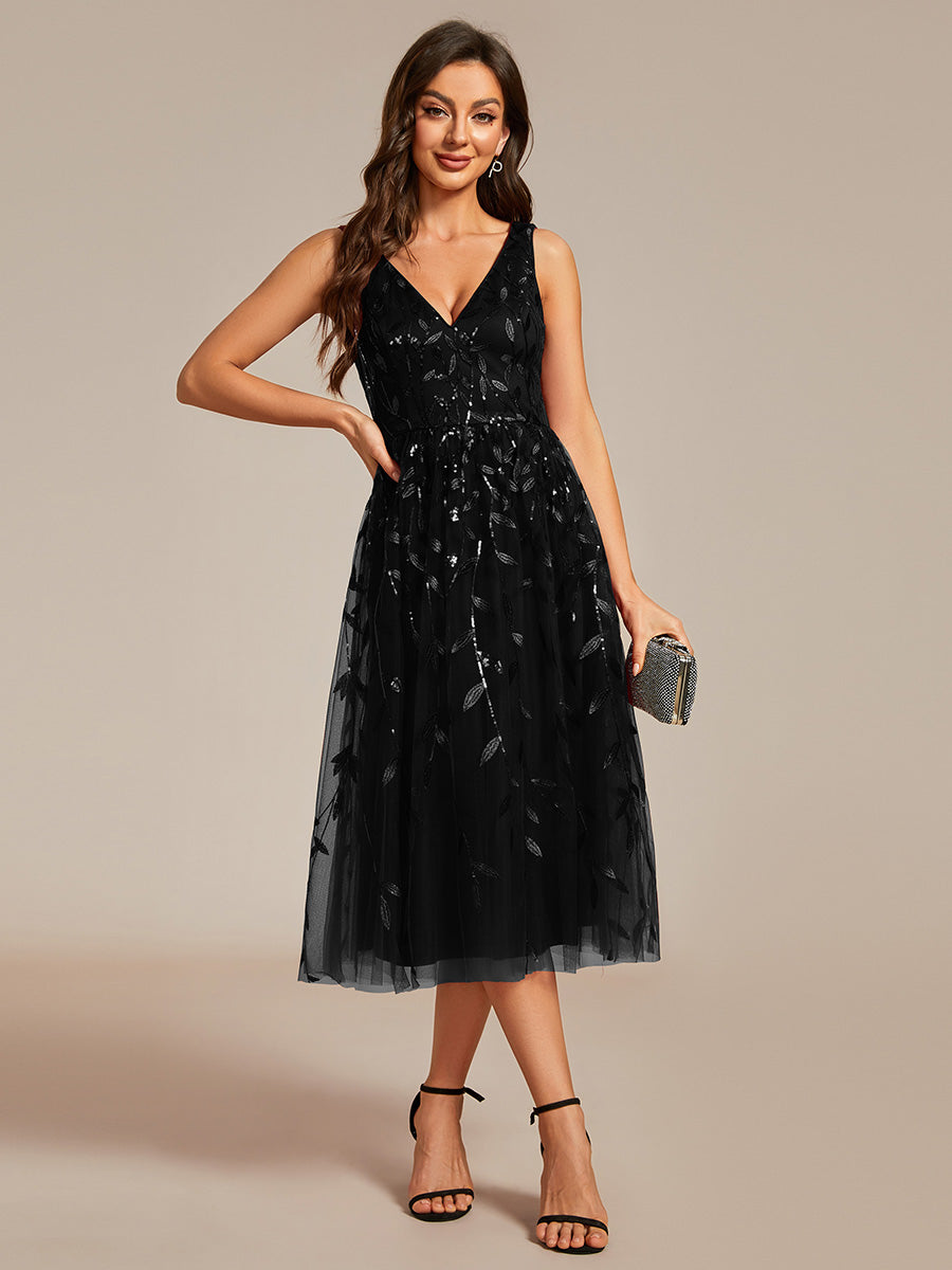 Color=Black | V-Neck Sequin Midi Wedding Guest Dress With Sleeveless-Black 8