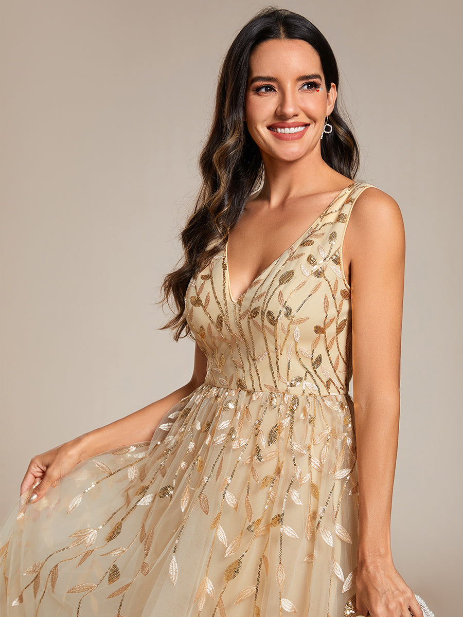 Color=Gold | V-Neck Sequin Midi Wedding Guest Dress With Sleeveless-Gold 15