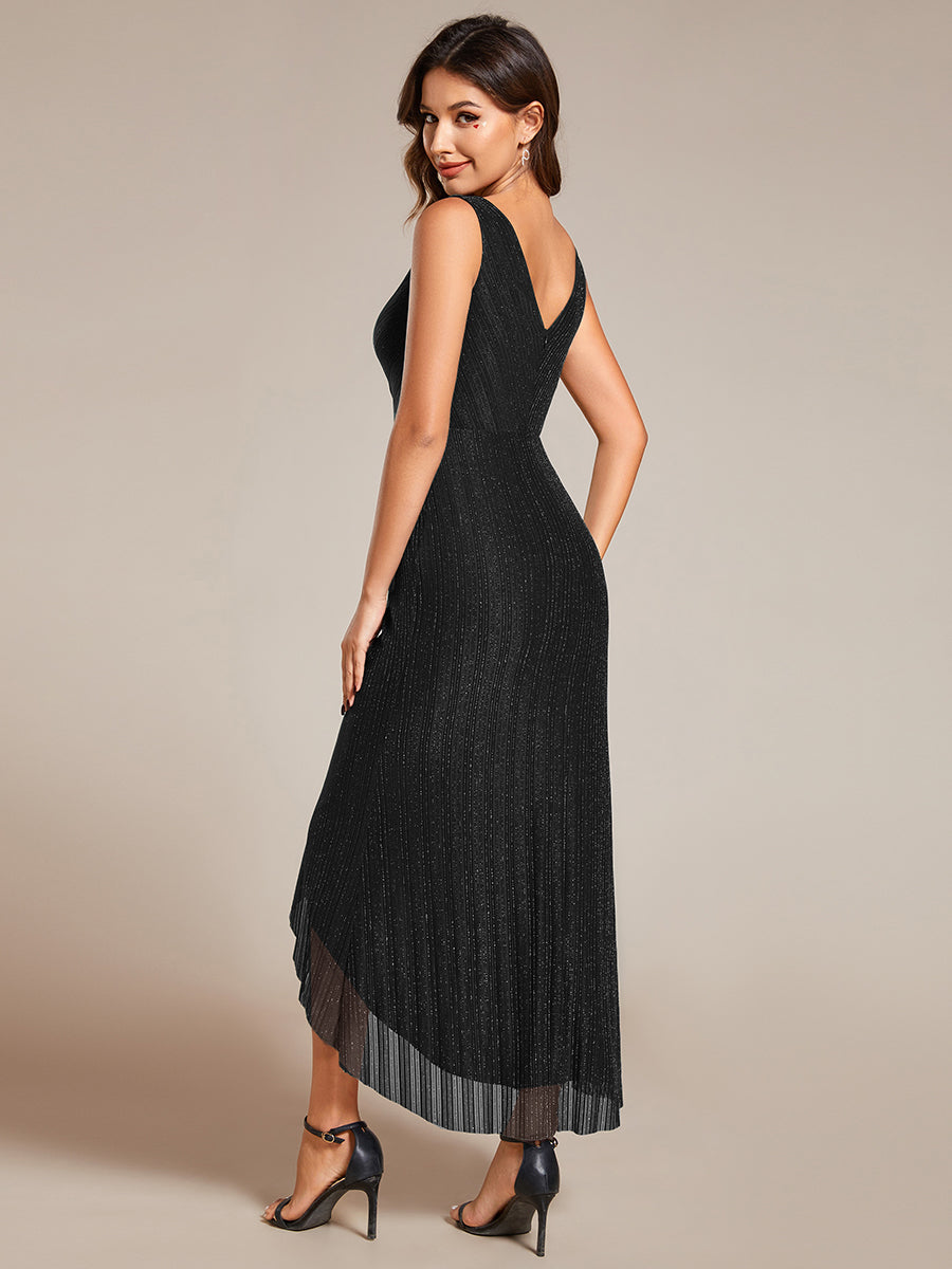 Color=Black |  Shimmer V Neck Midi Length Wedding Guest Dress With Spaghetti Straps-Black 10
