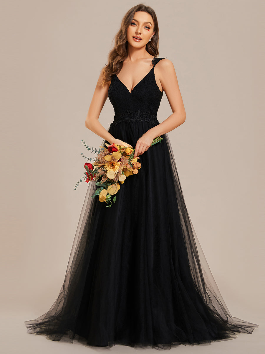 Color=Black | Double V Neck Lace Bodice Maxi Wholesale A-Line Wedding Dress-Black1