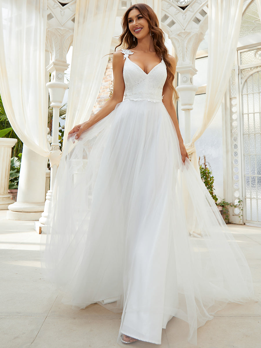 Color=Cream | Double V Neck Lace Bodice Maxi Wholesale A-Line Wedding Dress-Cream 1