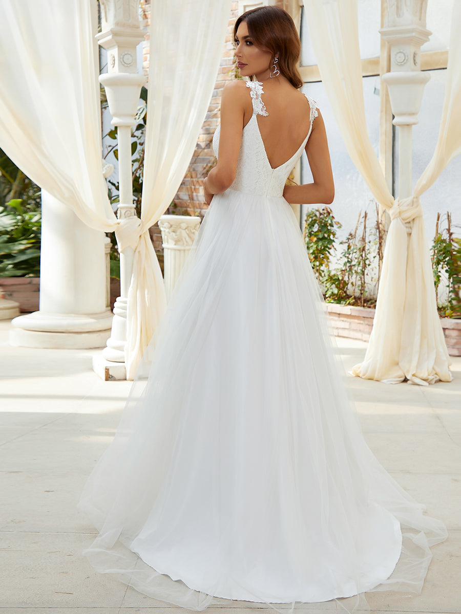 Color=Cream | Double V Neck Lace Bodice Maxi Wholesale A-Line Wedding Dress-Cream 2