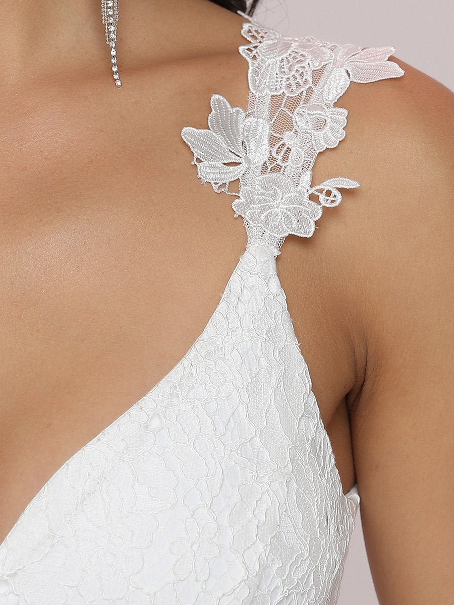 Color=Cream | Double V Neck Lace Bodice Maxi Wholesale A-Line Wedding Dress-Cream 5