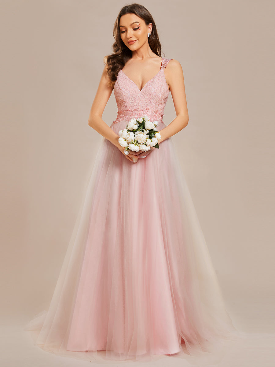 Color=Pink | Double V Neck Lace Bodice Maxi Wholesale A-Line Wedding Dress-Pink1