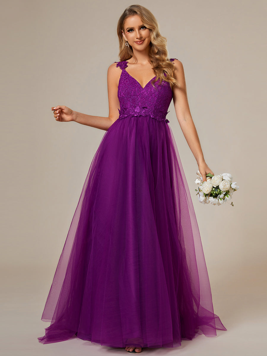 Color=Purple Wisteria | Double V Neck Lace Bodice Maxi Wholesale A-Line Wedding Dress-Purple Wisteria 4