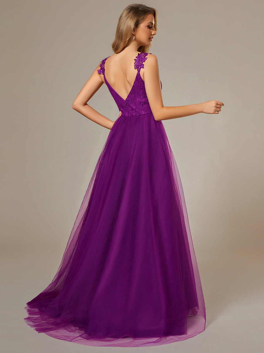 Color=Purple Wisteria | Double V Neck Lace Bodice Maxi Wholesale A-Line Wedding Dress-Purple Wisteria 3