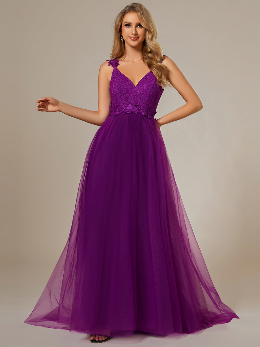 Color=Purple Wisteria | Double V Neck Lace Bodice Maxi Wholesale A-Line Wedding Dress-Purple Wisteria 2