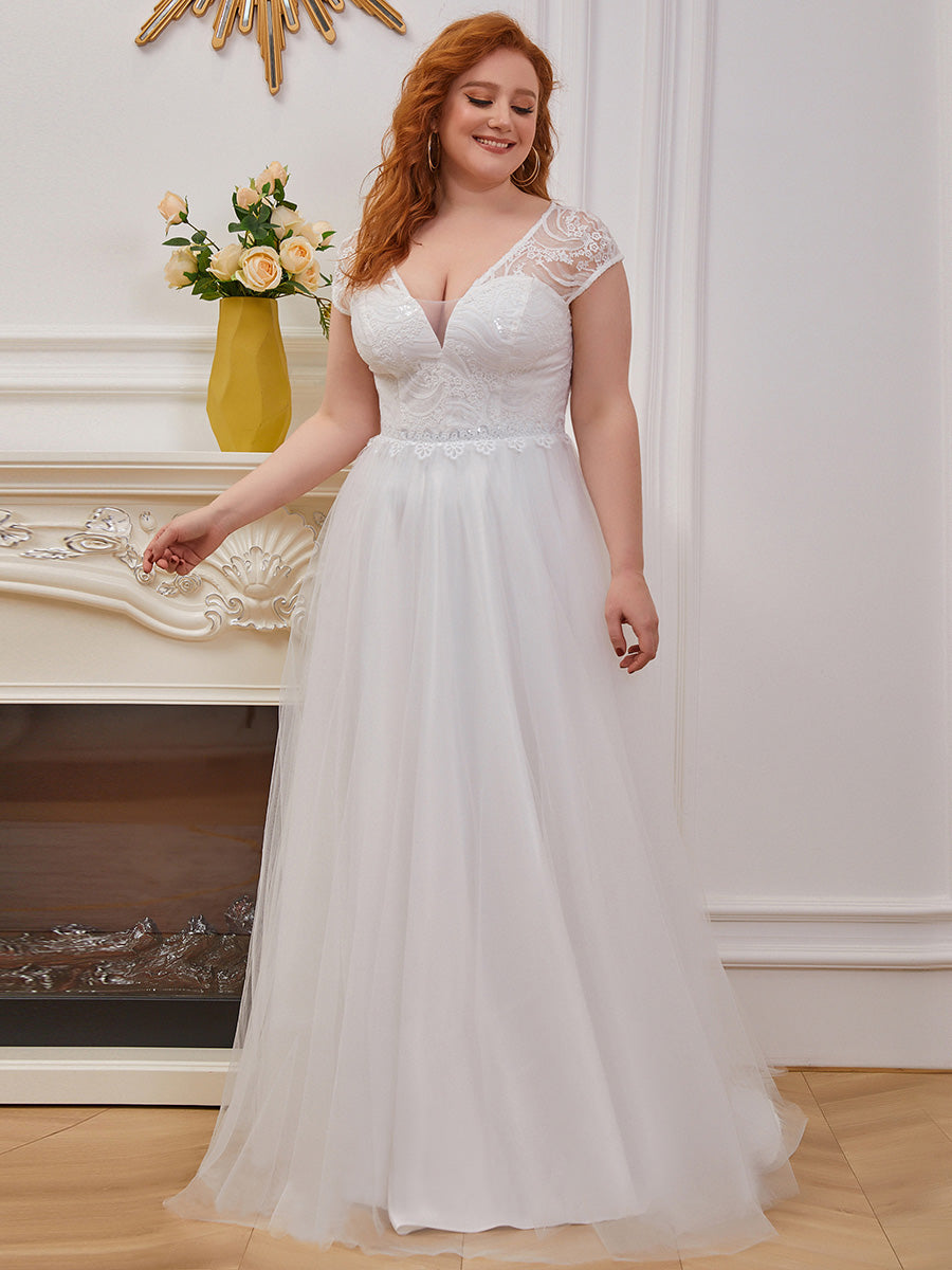 Color=Cream | Trendy Deep V Neck Tulle Wholesale Wedding Dress-Cream 1