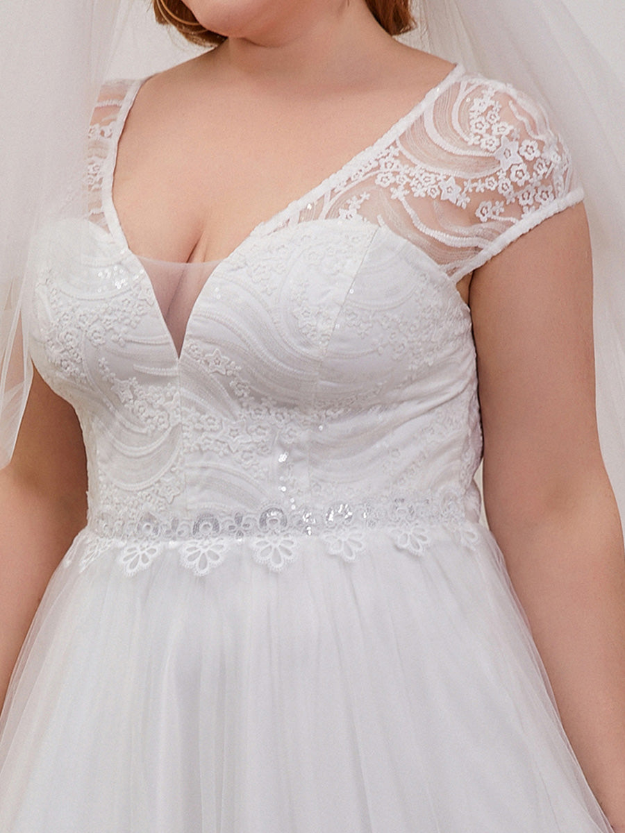 Color=Cream | Trendy Deep V Neck Tulle Wholesale Wedding Dress-Cream 5