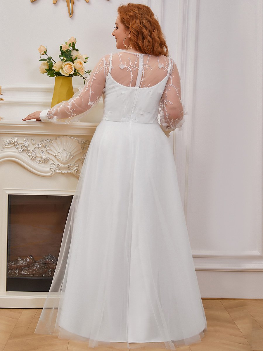 Color=Cream | Plus Size Wholesale Simple Tulle Wedding Dress With Long Sleeves-Cream 3