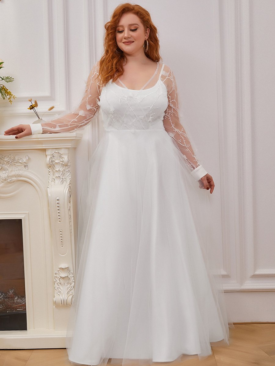 Color=Cream | Plus Size Wholesale Simple Tulle Wedding Dress With Long Sleeves-Cream 4