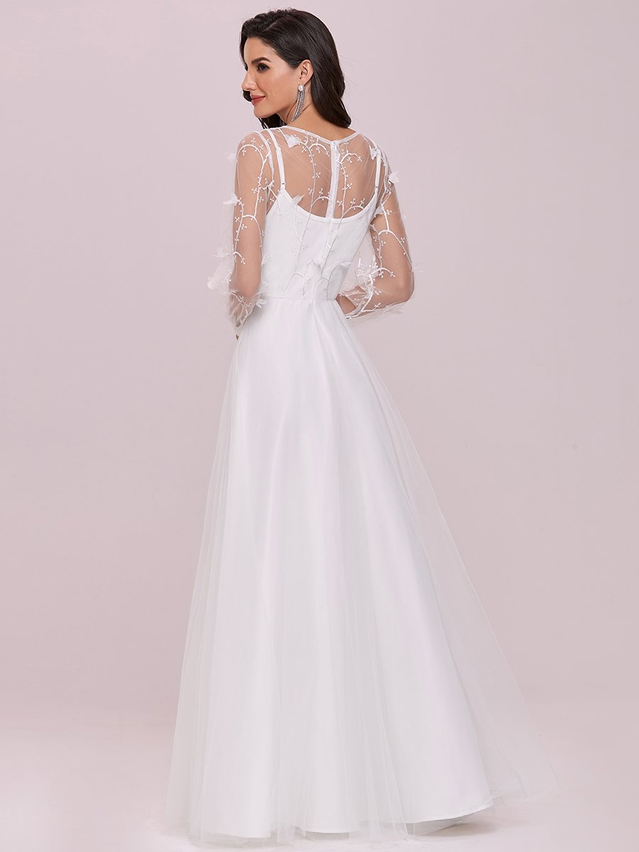 Color=Cream | Elegant Wholesale Tulle Wedding Dress With Lace Decoration-Cream 6
