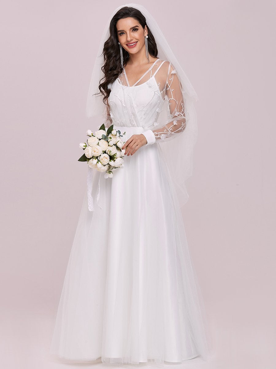 Color=Cream | Elegant Wholesale Tulle Wedding Dress With Lace Decoration-Cream 5
