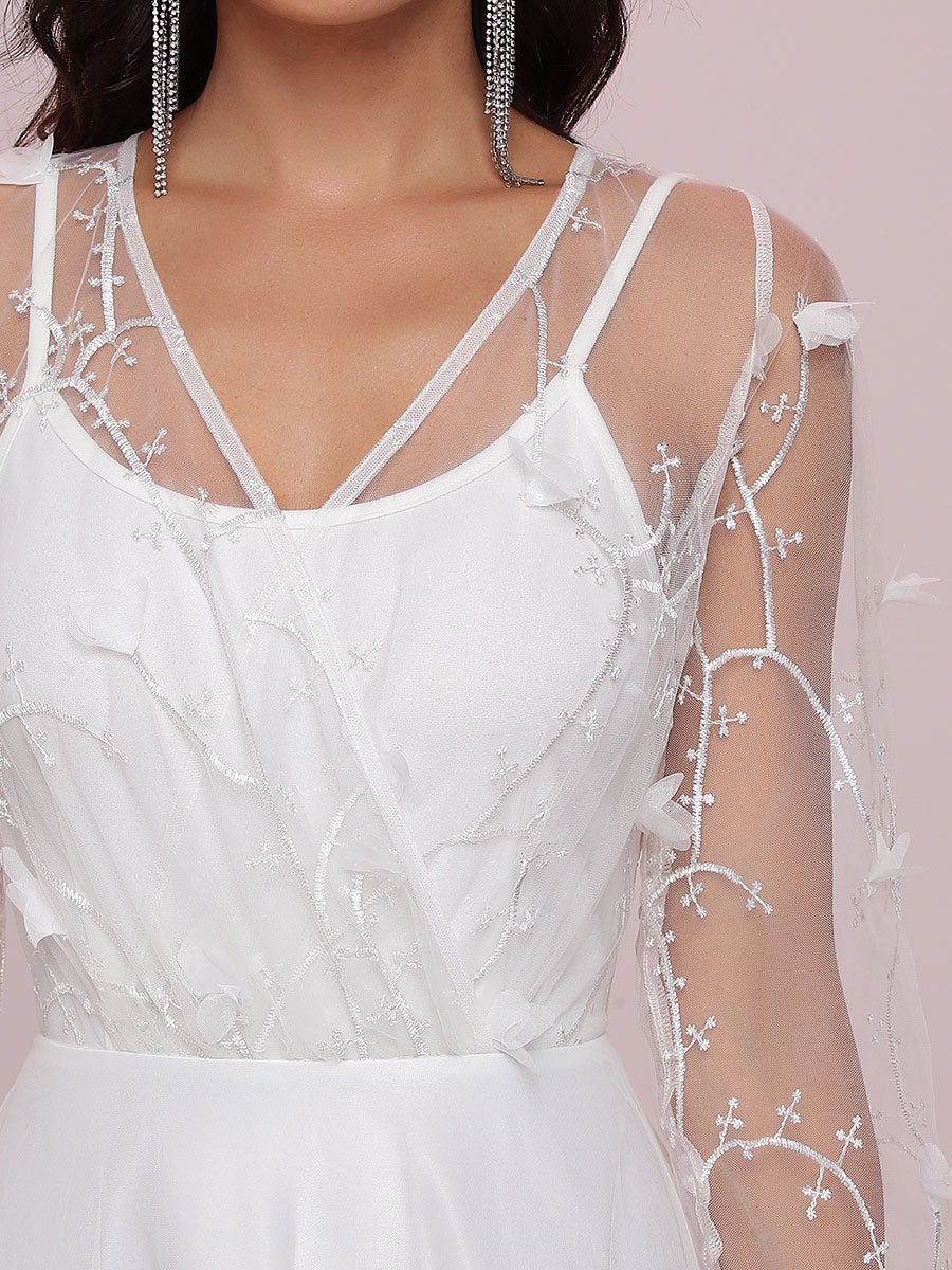 Color=Cream | Elegant Wholesale Tulle Wedding Dress With Lace Decoration-Cream 8