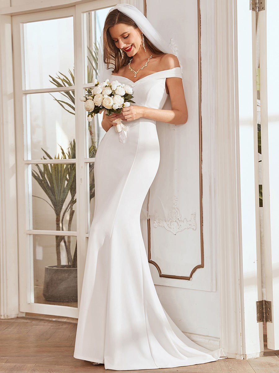 Color=Cream | Plain Wholesale Solid Color Off Shoulder Mermaid Wedding Dress-Cream 6