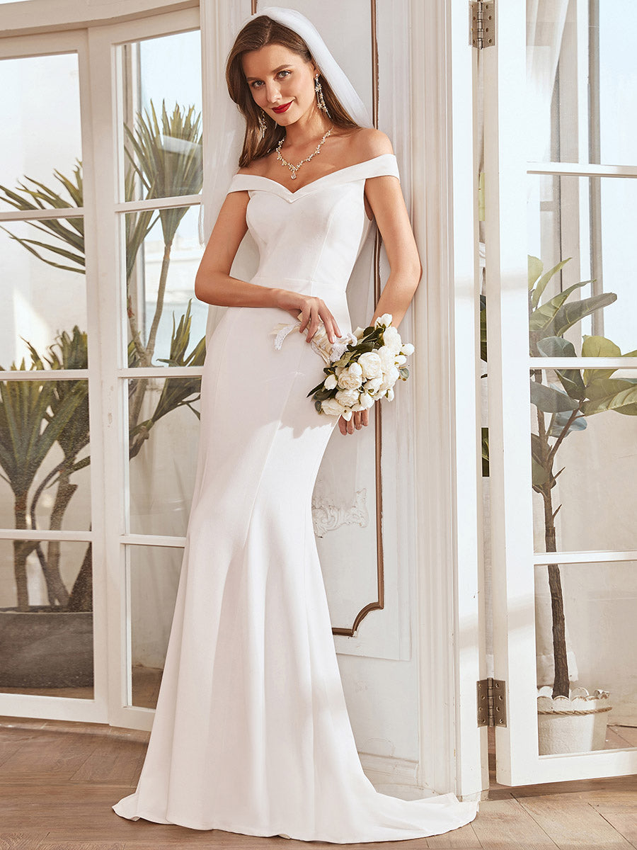 Color=Cream | Plain Wholesale Solid Color Off Shoulder Mermaid Wedding Dress-Cream 2