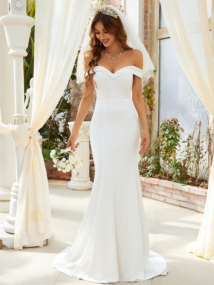 Color=Cream | Plain Wholesale Solid Color Off Shoulder Mermaid Wedding Dress-Cream 5