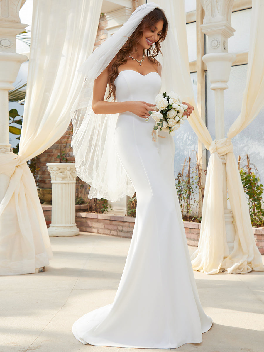 Color=Cream | Simple Off Shoulder Wholesale Sweetheart Mermaid Eloping Dress For Wedding-Cream 4