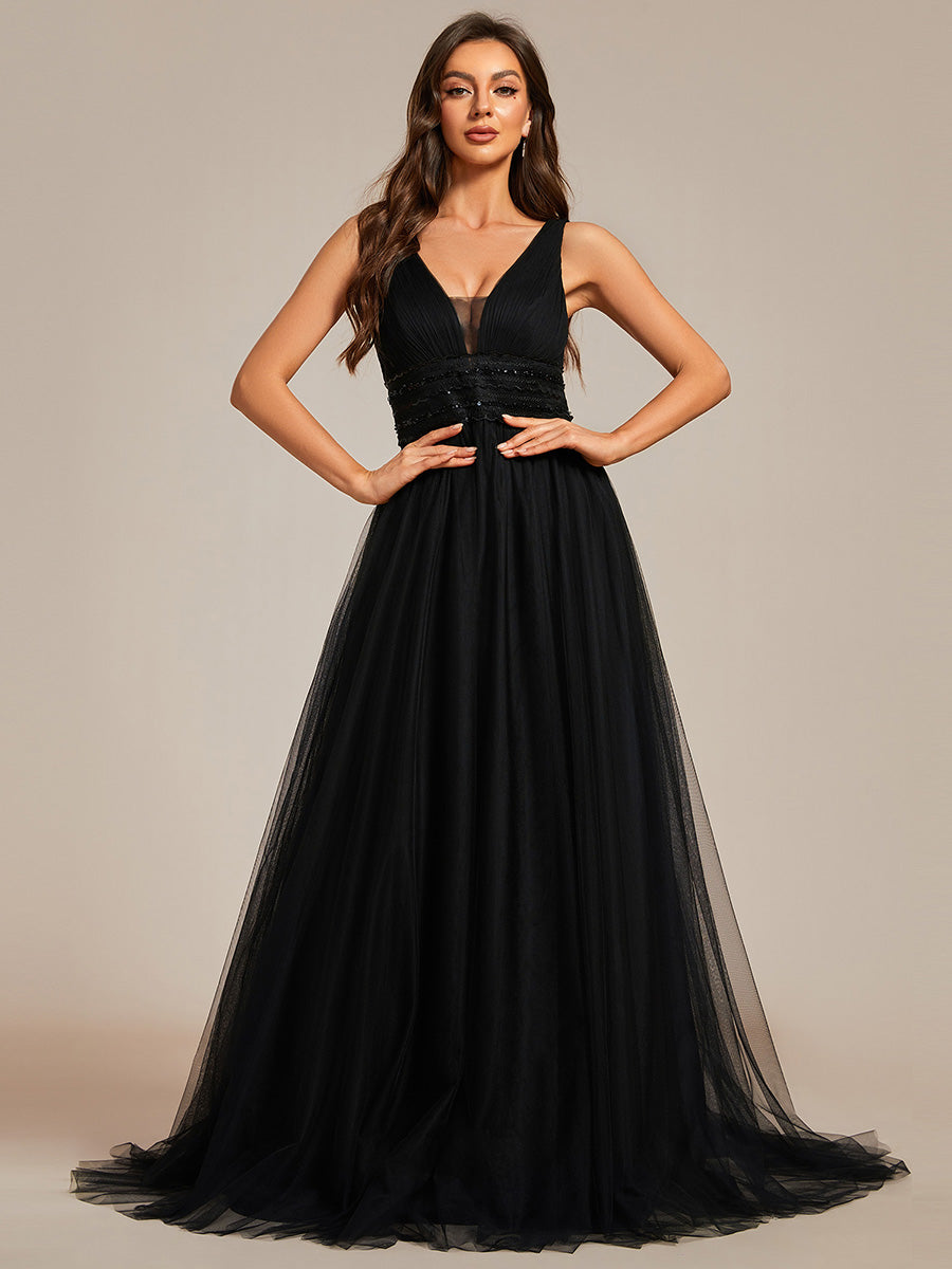 Color=Black  | Backless A Line Sleeveless Wholesale Wedding Dresses with Deep V Neck-Black  3