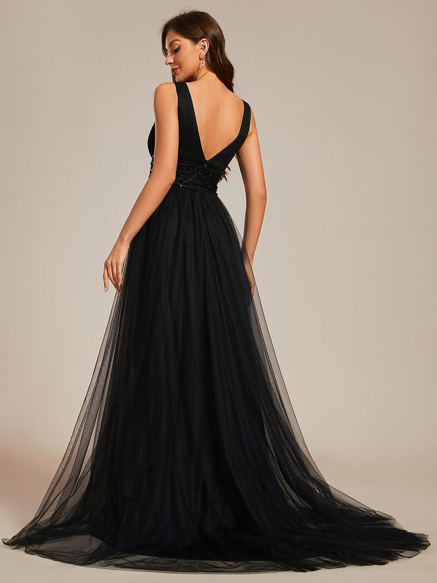Color=Black  | Backless A Line Sleeveless Wholesale Wedding Dresses with Deep V Neck-Black  2