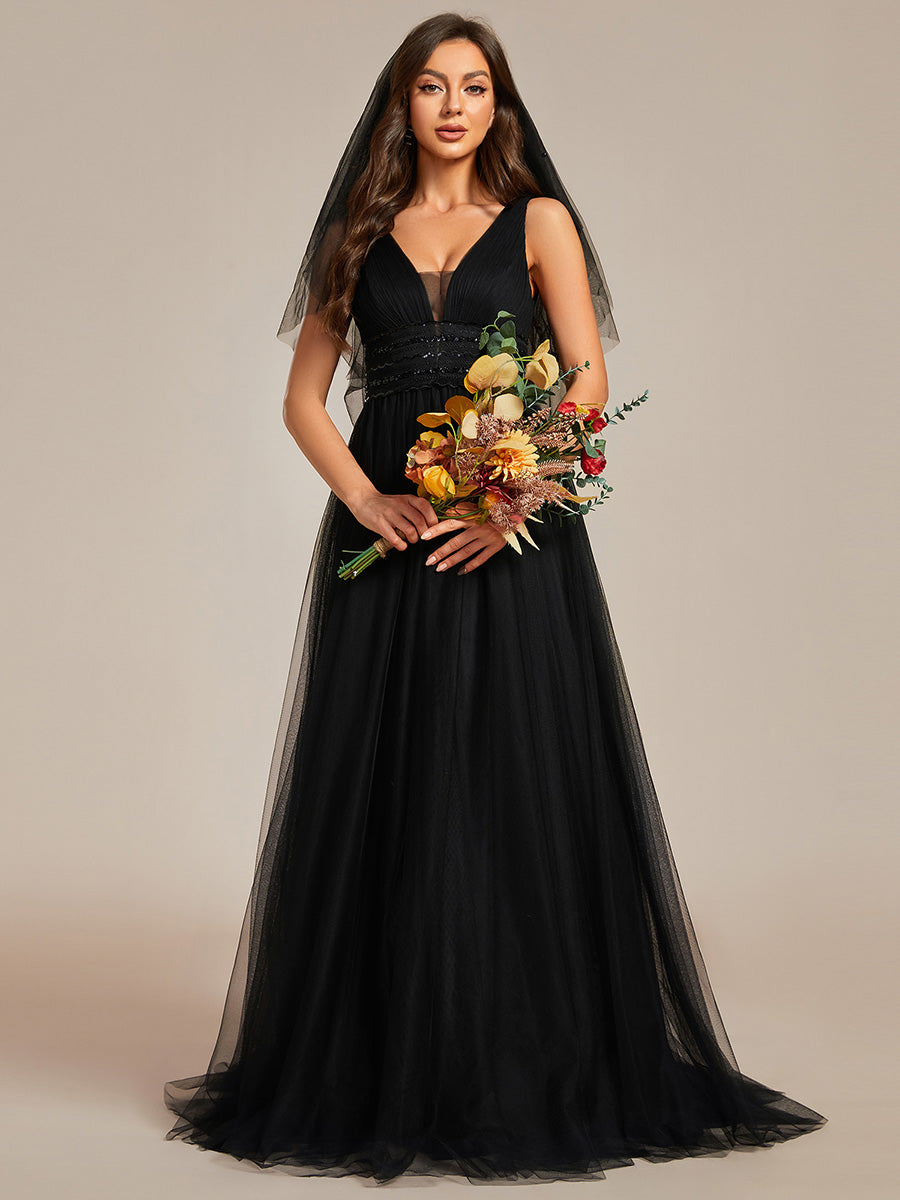 Color=Black  | Backless A Line Sleeveless Wholesale Wedding Dresses with Deep V Neck-Black  1