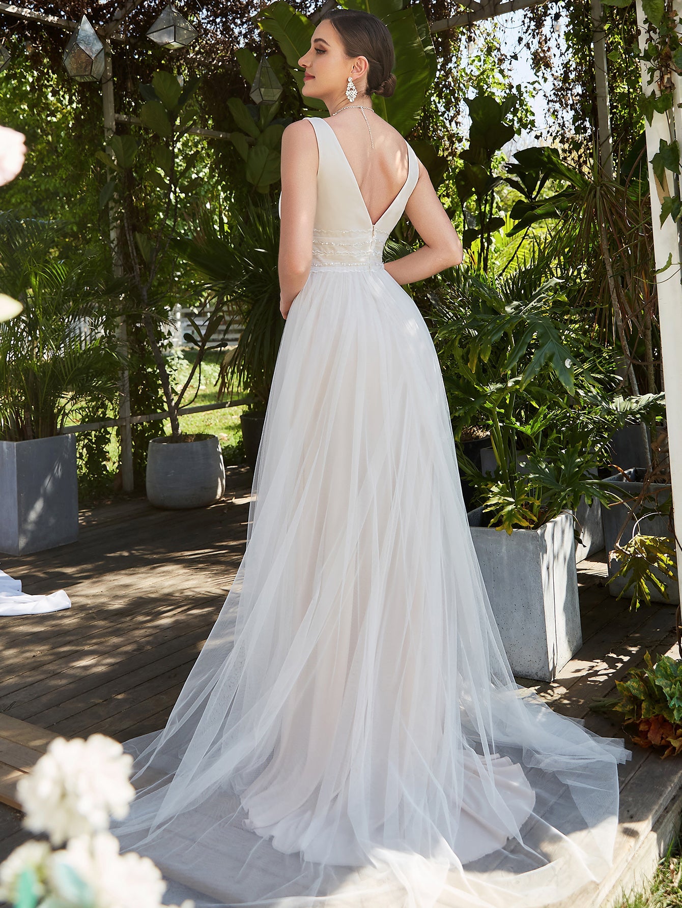 Color=Ivory | Backless A Line Sleeveless Wholesale Wedding Dresses with Deep V Neck-Ivory 2
