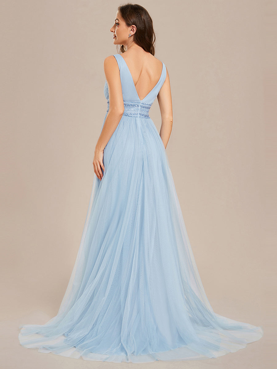 Color=Light Blue | Backless A Line Sleeveless Wholesale Wedding Dresses with Deep V Neck-Light Blue  3