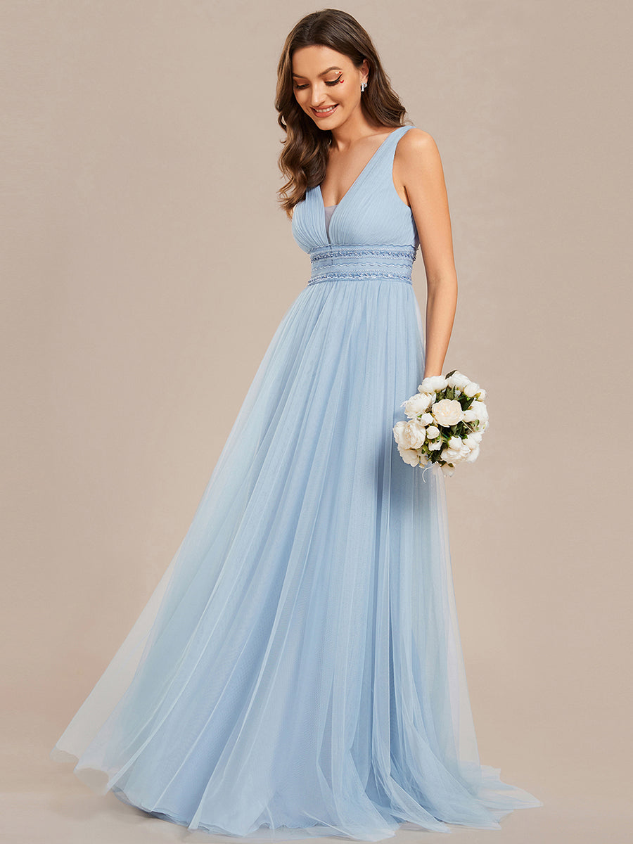 Color=Light Blue | Backless A Line Sleeveless Wholesale Wedding Dresses with Deep V Neck-Light Blue  2