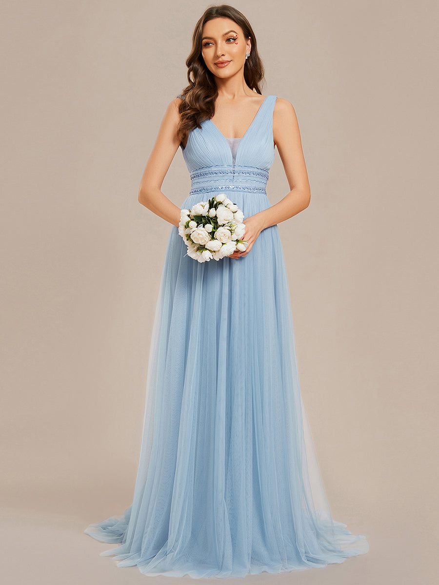Color=Light Blue | Backless A Line Sleeveless Wholesale Wedding Dresses with Deep V Neck-Light Blue  4