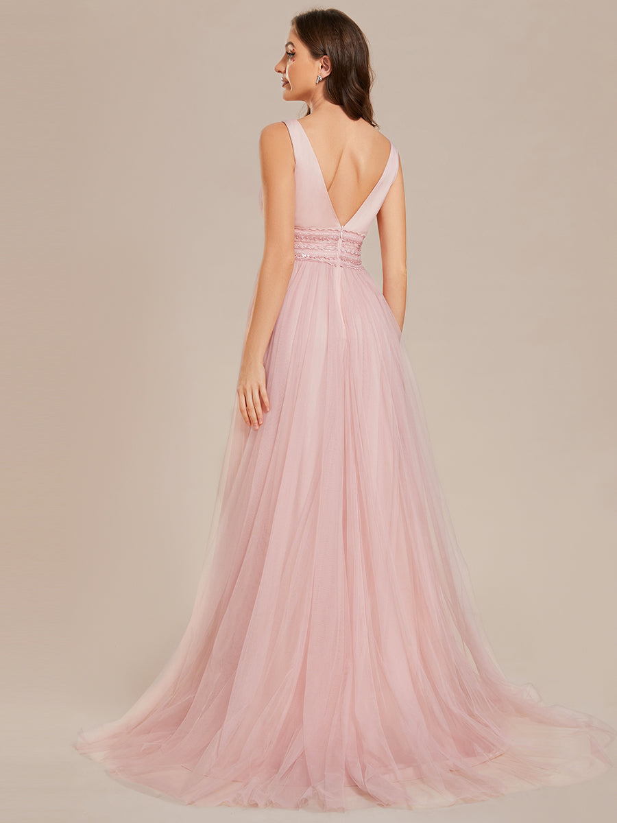 Color=Pink  | Backless A Line Sleeveless Wholesale Wedding Dresses with Deep V Neck-Pink  2