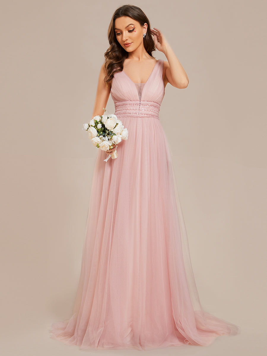 Color=Pink  | Backless A Line Sleeveless Wholesale Wedding Dresses with Deep V Neck-Pink  4