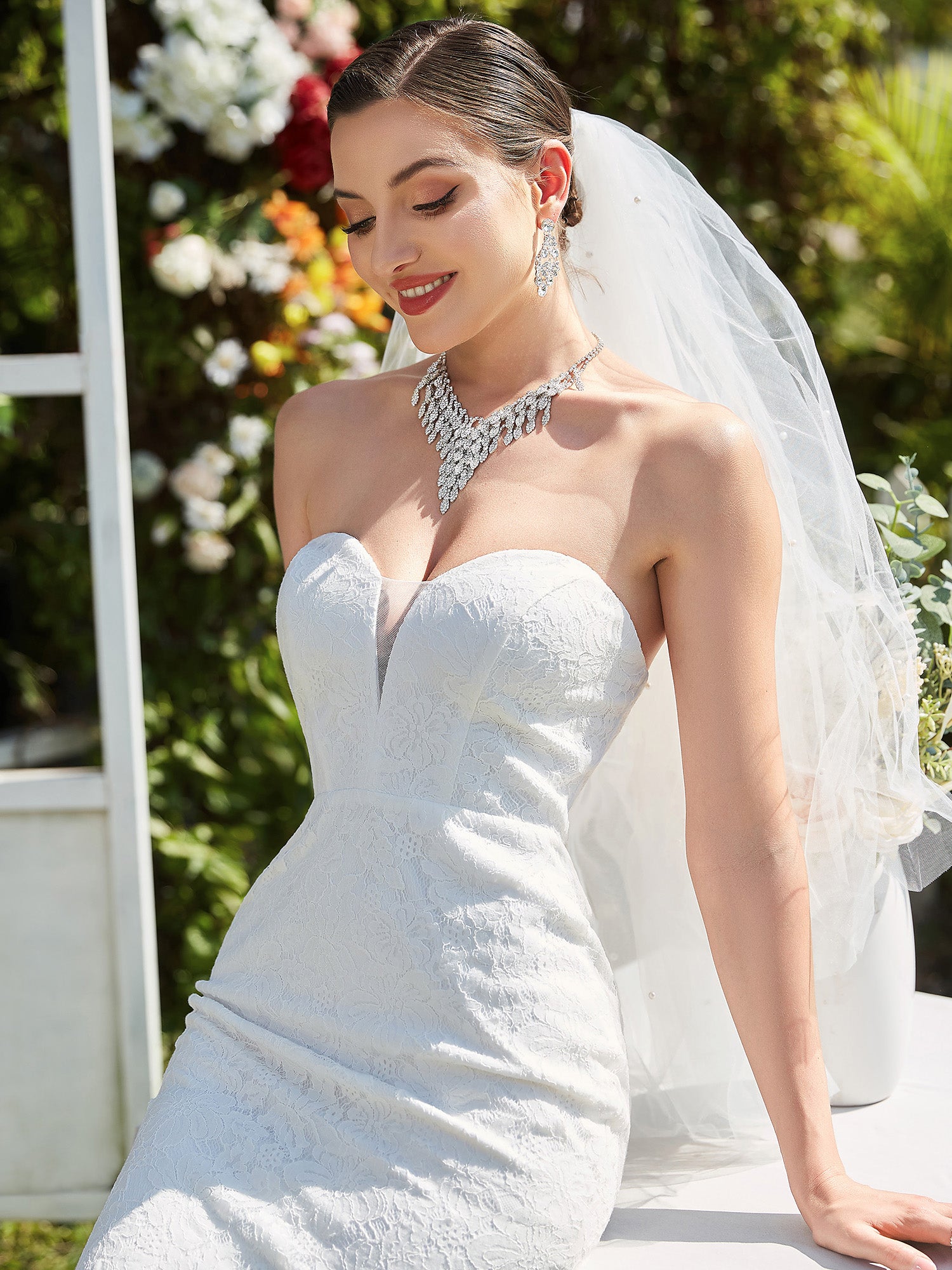 Color=White | Adorable Strapless Floor Length Fishtail Wholesale Wedding Dresses-White 5