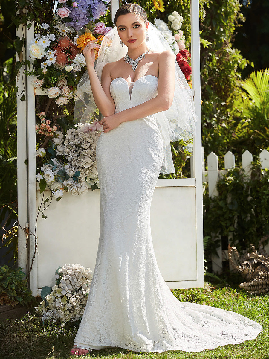 Color=White | Adorable Strapless Floor Length Fishtail Wholesale Wedding Dresses-White 1
